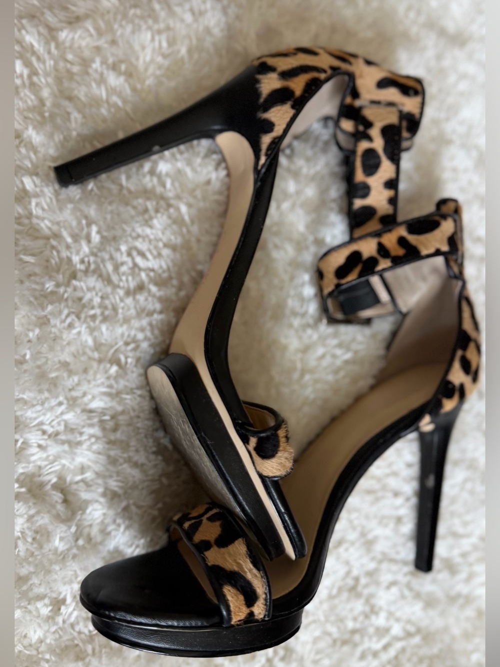 Calvin Klein Leopard Print Ankle-Strap Stiletto Heels - Black & Tan - Picture 2 of 9